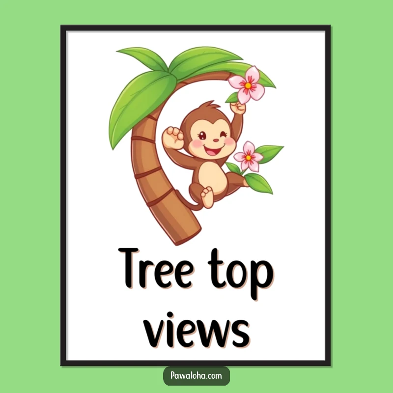 Funny Monkey Swinging Poster - Tropical Tree Character Art