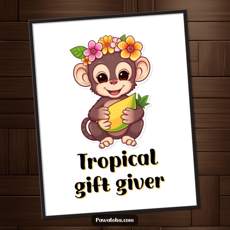 Funny poster art of a charming monkey adorned with a flower crown, offering a tropical fruit, perfect for adding cheerful jungle vibes.