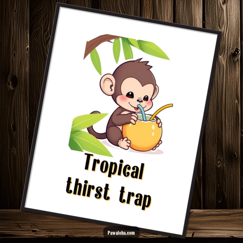 Funny Kawaii Monkey Poster: Adorable monkey sipping from a coconut with a straw, a funny tropical-themed art print.