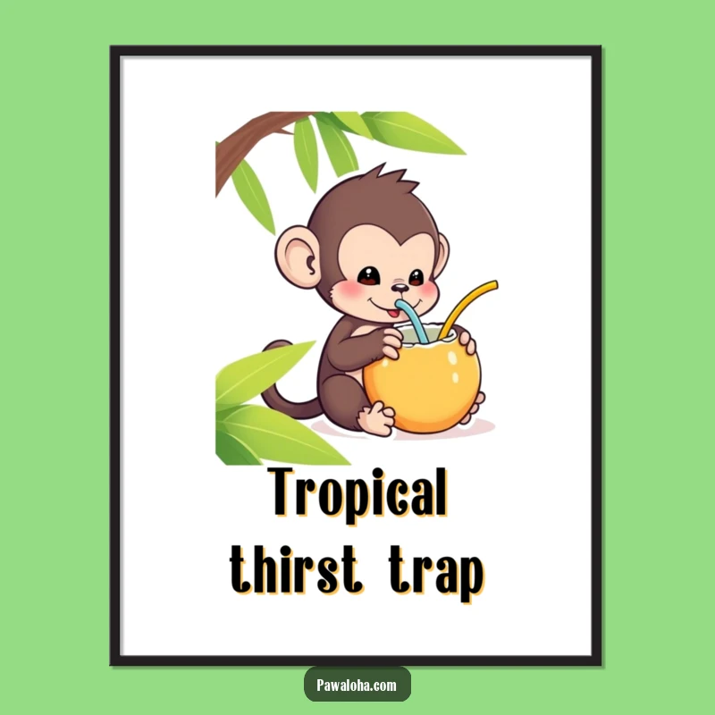 Funny Kawaii Monkey Poster: Coconut Sipping Art Print - Tropical Decor Gift