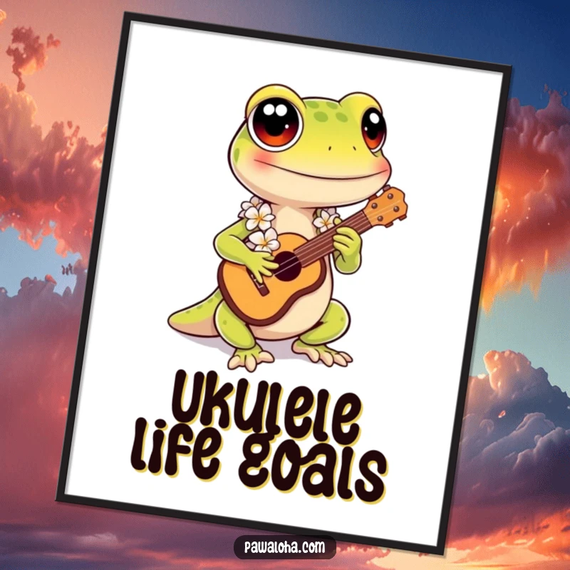 Funny Kawaii Gecko Poster: Adorable gecko with lei, playing ukulele, a funny tropical art print for cheerful wall decor.