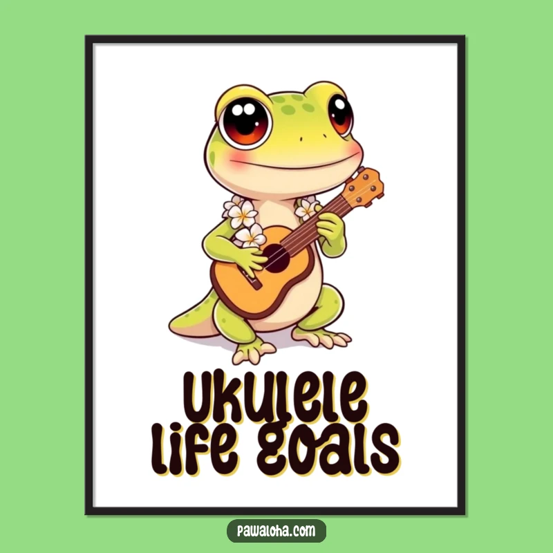 Funny Kawaii Gecko Poster: Tropical Ukulele Art Print - Hilarious Wall Decor Gift