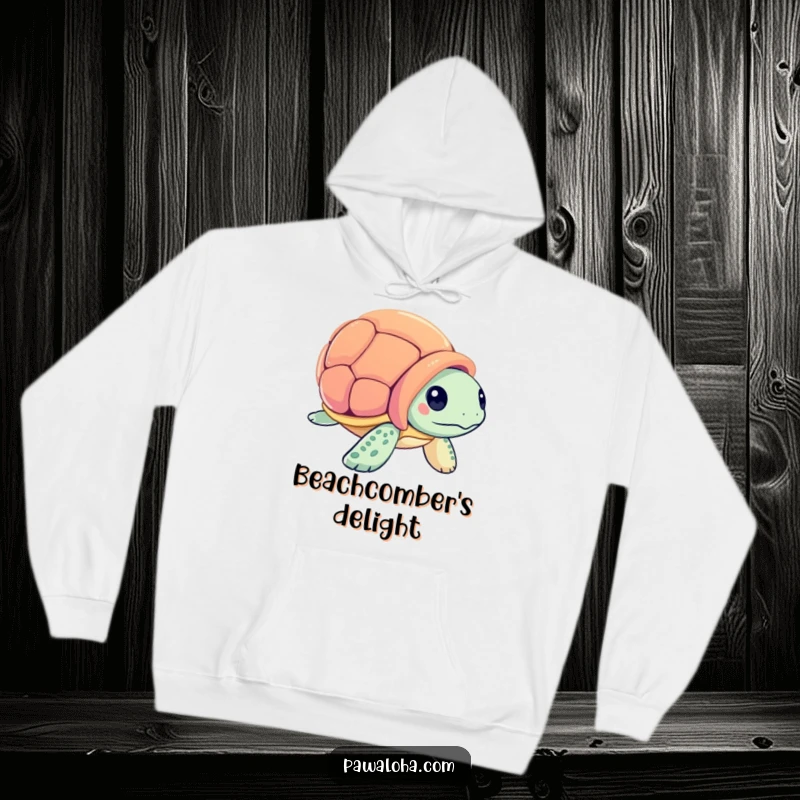 Funny sea turtle character inspecting a seashell on a cozy hoodie, offering comfort and a touch of ocean wonder.