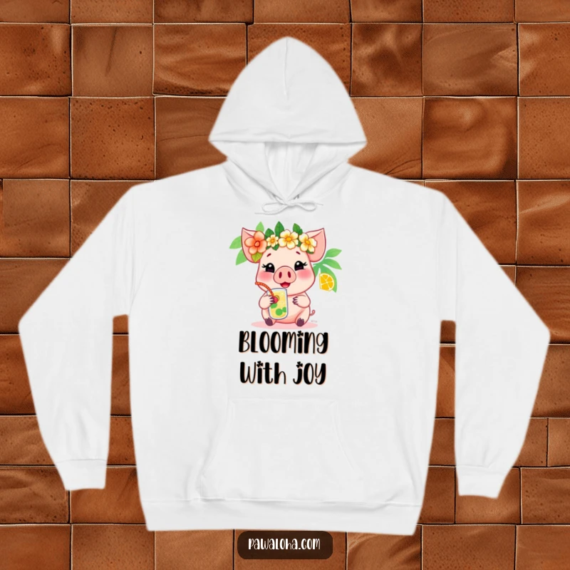 Funny pig hoodie depicting a cheerful pig in a flower crown sipping a tropical drink, ideal for cozy relaxation and fun.