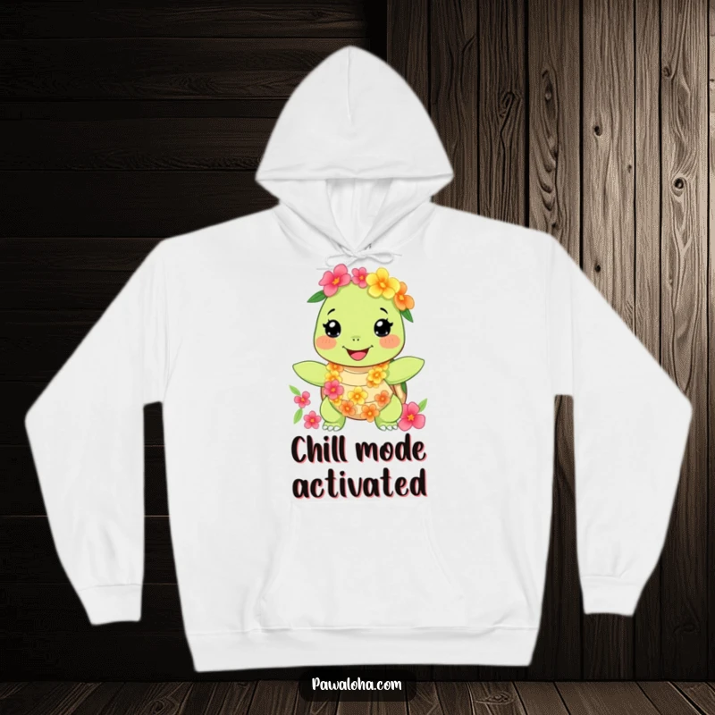Funny turtle hoodie with a happy character wearing a floral lei and necklace, bringing humorous tropical vibes. Great gift.