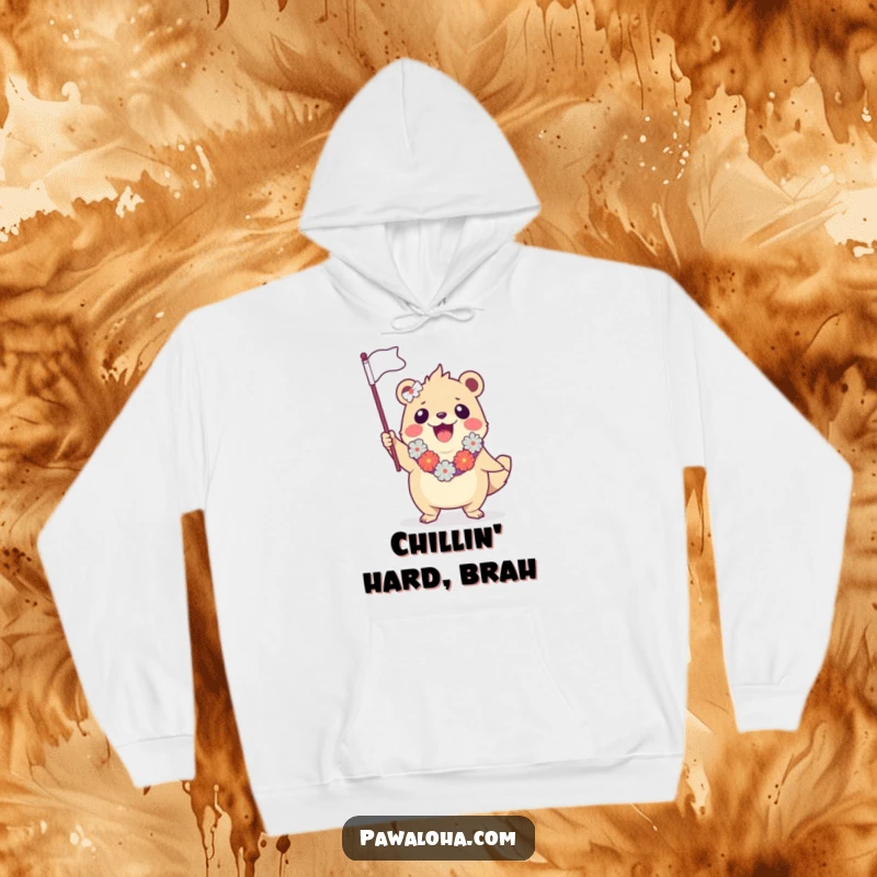 Funny hoodie depicting a creature in a lei, enthusiastically waving a miniature flag, exuding tropical party vibes and joy.