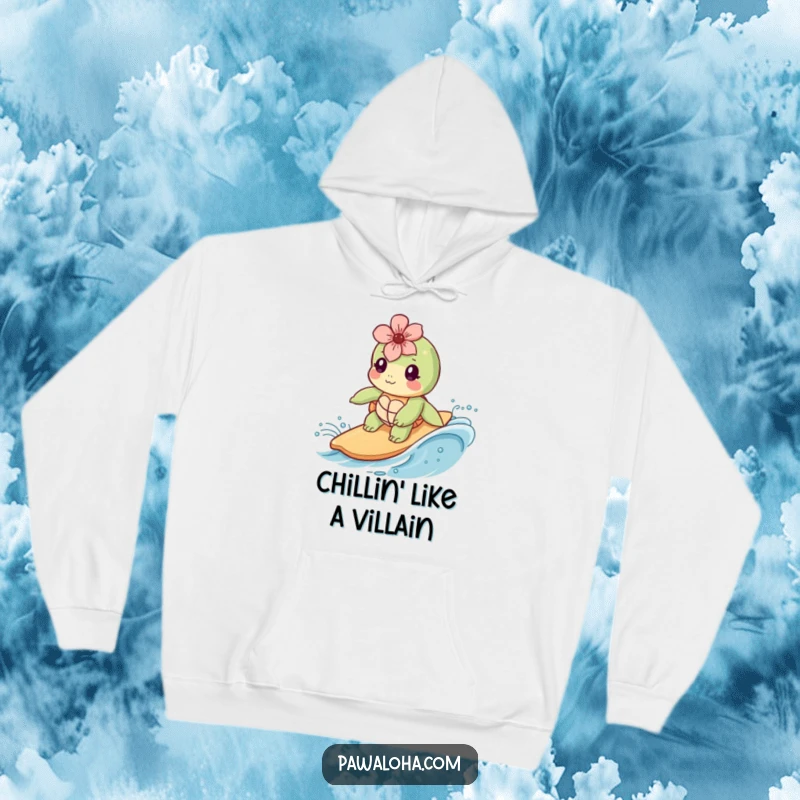 Funny Kawaii sea turtle wearing a flower surfs a calm wave, printed on a soft and cozy hoodie for ultimate comfort.