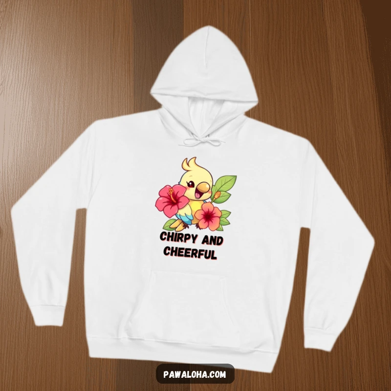 Funny hoodie with a happy, colorful parrot character squawking gleefully while holding a vibrant hibiscus flower.