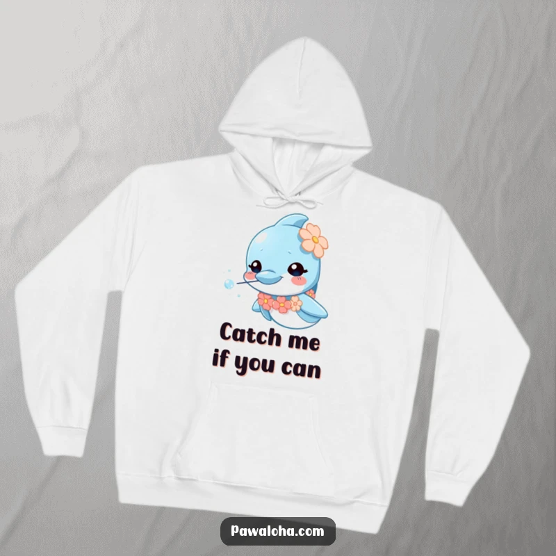 Funny dolphin hoodie with a small lei, blowing shimmering bubbles, showing a curious marine character, ideal for cooler weather.