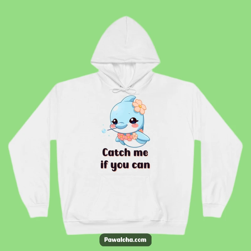 Cozy Funny Dolphin Lei Hoodie: Warm and comfortable, featuring a curious dolphin with lei and bubbles, great funny gift.