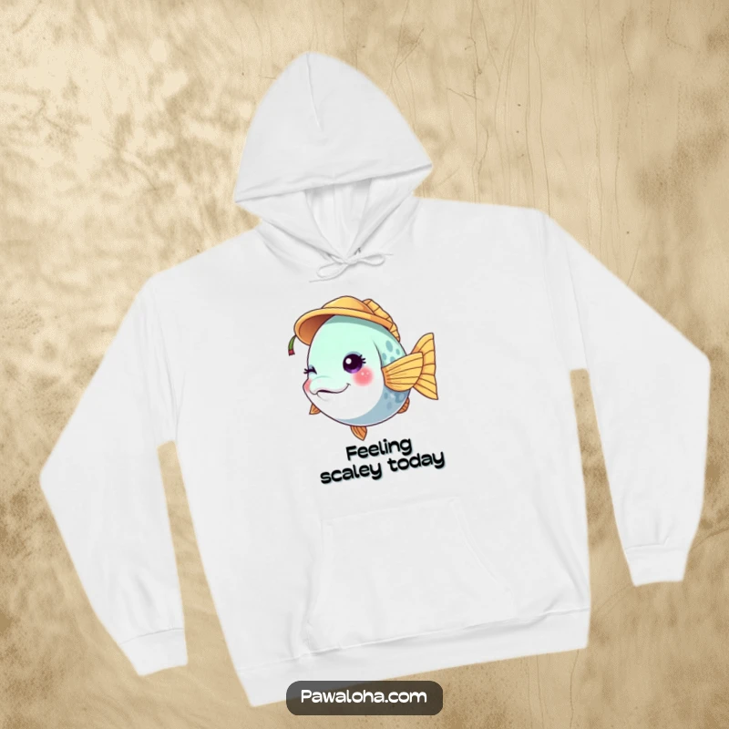 Funny vibrant fish character hoodie winking while wearing a tiny coconut hat, offering cozy tropical vibes.
