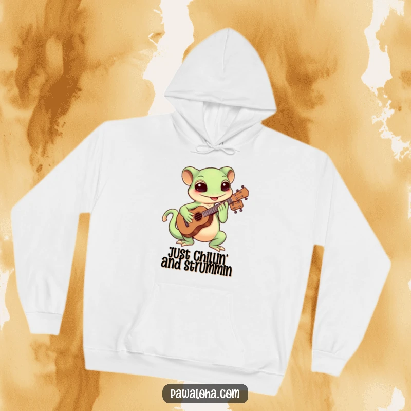 Funny Kawaii gecko strumming a ukulele with enthusiasm on a cozy hoodie, perfect for music lovers.