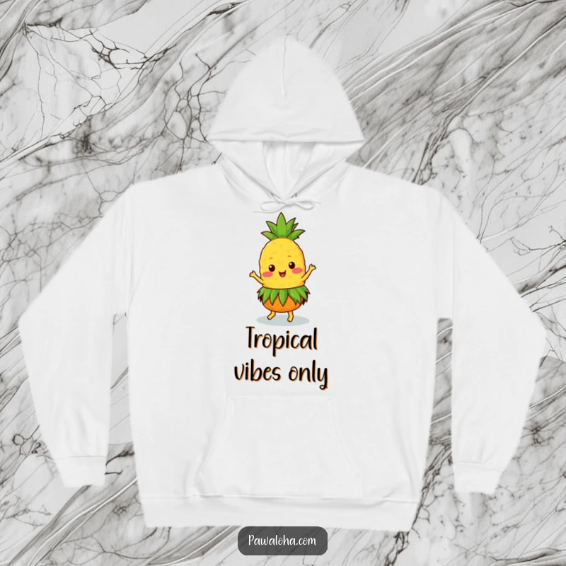 Funny Kawaii pineapple wearing a grass skirt, dancing enthusiastically on a cozy hoodie, perfect for relaxation.