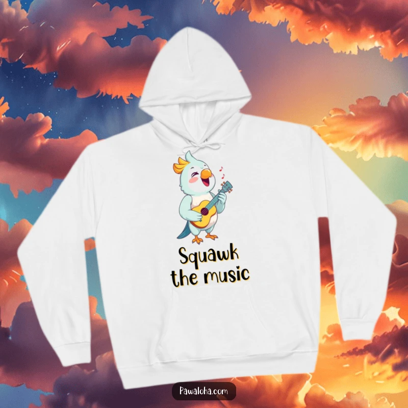 Funny Parrot Hoodie featuring a singing parrot with a tiny ukulele, offering musical warmth and cheerful design.