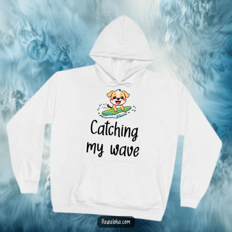 Funny hoodie with a grinning dog character confidently riding a wave, perfect for staying warm and channeling beach vibes.