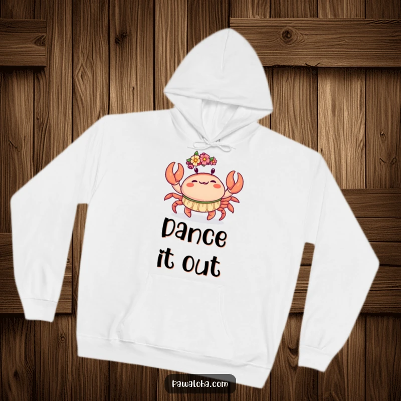Funny Kawaii Crab Hoodie: Adorable crab doing a joyful hula dance with its claws, a funny and warm beach hoodie.