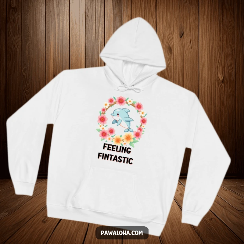 Funny Kawaii dolphin leaping through flowers on a soft and warm hoodie, perfect for cozying up.