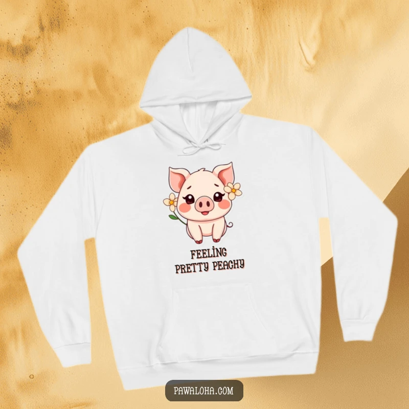 Funny Kawaii pig wearing a flower behind its ear, smiling adorably on a cozy hoodie, perfect for comfort.
