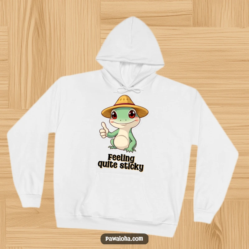 Funny gecko hoodie with a smiling character wearing a tiny straw hat and giving a thumbs up, perfect for cozy comfort.