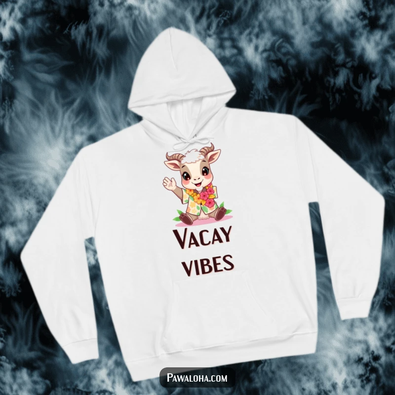 Funny and cozy hoodie featuring a cheering goat in an Aloha shirt and lei.
