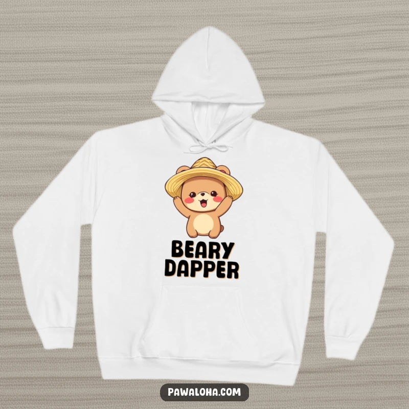Funny hoodie with a delighted bear character happily wearing a straw hat, designed for comfort and a touch of whimsy.