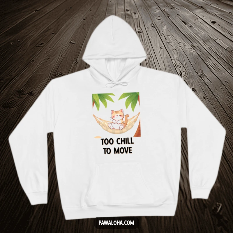 Funny Cat Hammock Hoodie featuring a relaxed cat character lounging in a hammock between palm trees. Soft and humorous.