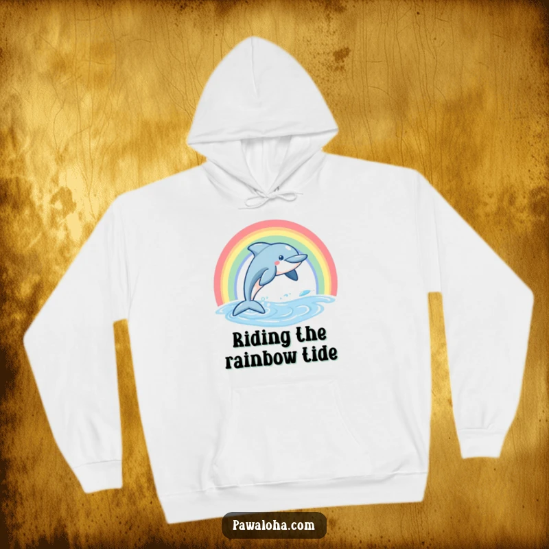 Funny Dolphin Hoodie showing a friendly dolphin leaping joyfully from water under a colorful rainbow.