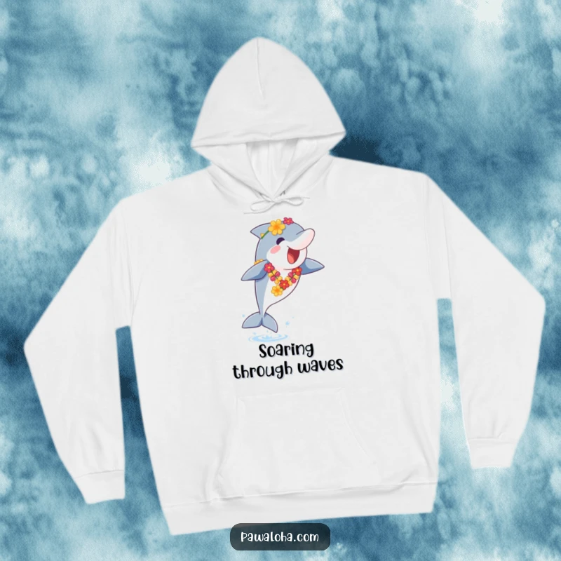 Funny Dolphin Hoodie: A cheerful dolphin adorned with a lei leaps mid-air, bringing a splash of funny, tropical joy to this cozy garment.