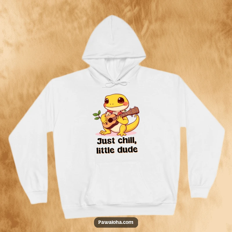 Funny hoodie with a kawaii gecko wearing a lei, strumming a tiny ukulele, designed for ultimate comfort and tropical vibes.