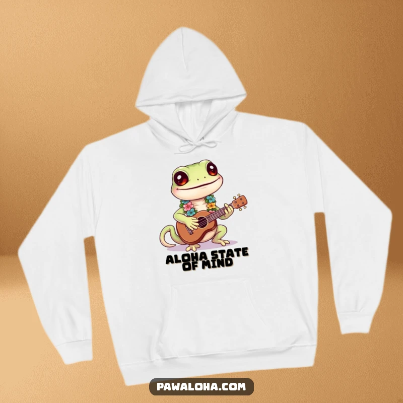 Funny Gecko Hoodie depicting a smiling gecko in a lei strumming a ukulele, a humorous garment.