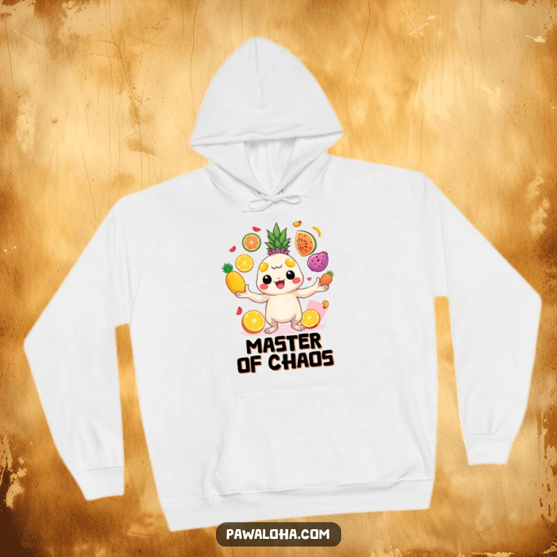 Funny creature juggling colorful tropical fruits with cheerful energy on a cozy hoodie. Perfect for staying warm and vibrant.