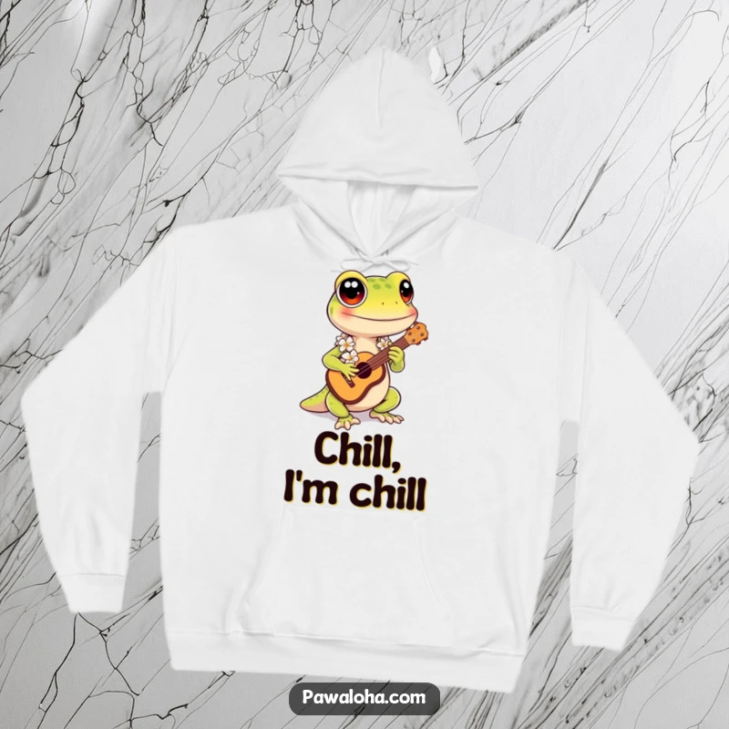 Funny Kawaii Gecko Hoodie: Adorable gecko wearing a lei, playing ukulele, offering a funny and warm tropical vibe.