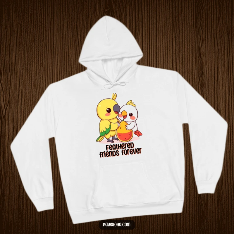 Funny Kawaii Parrot Hoodie: Adorable colorful parrot sharing fruit, a funny and cozy hoodie for bird lovers.