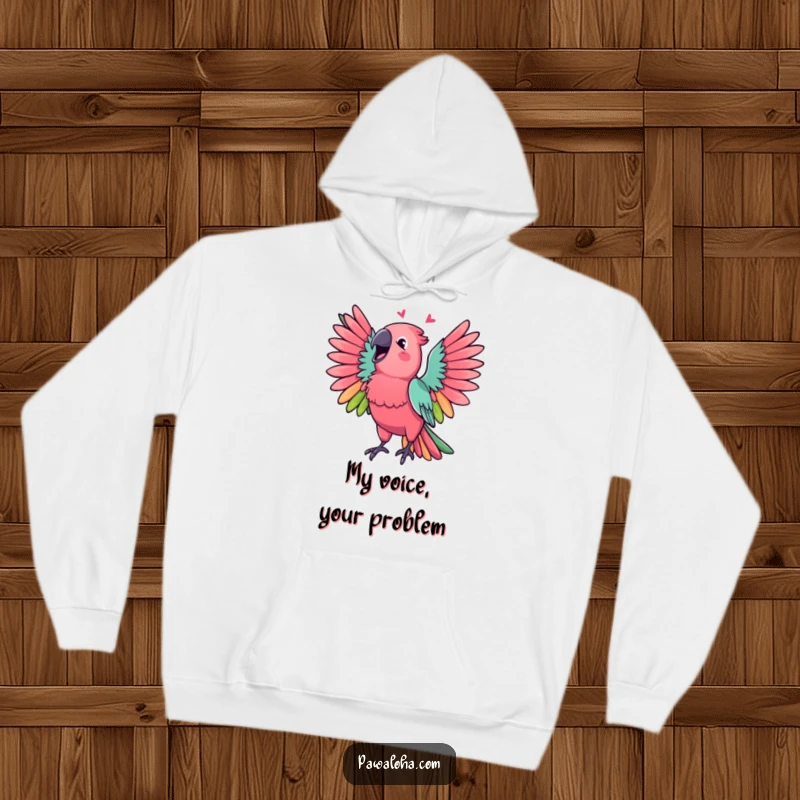 Funny Parrot Hoodie designed with a vibrant, singing parrot, spread wings, offering comfort and cheerful vibes.