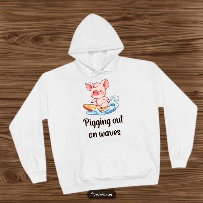 Funny piglet character gearing up to surf a gentle wave, embodying fun and warmth on this hoodie.