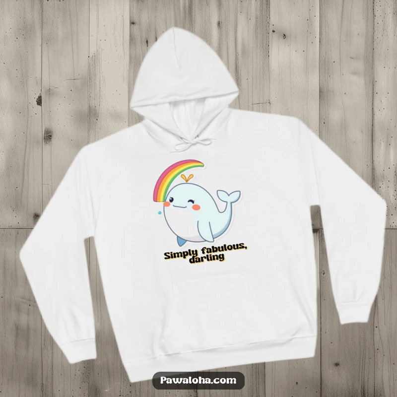 Funny whale hoodie, a cozy sweatshirt with a happy whale spouting a colorful rainbow.