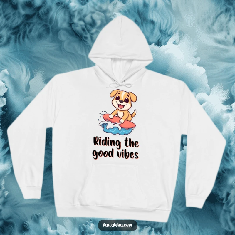 Funny surfing dog hoodie with a character riding a stylized wave with a big grin, bringing humorous beach vibes. Great gift.