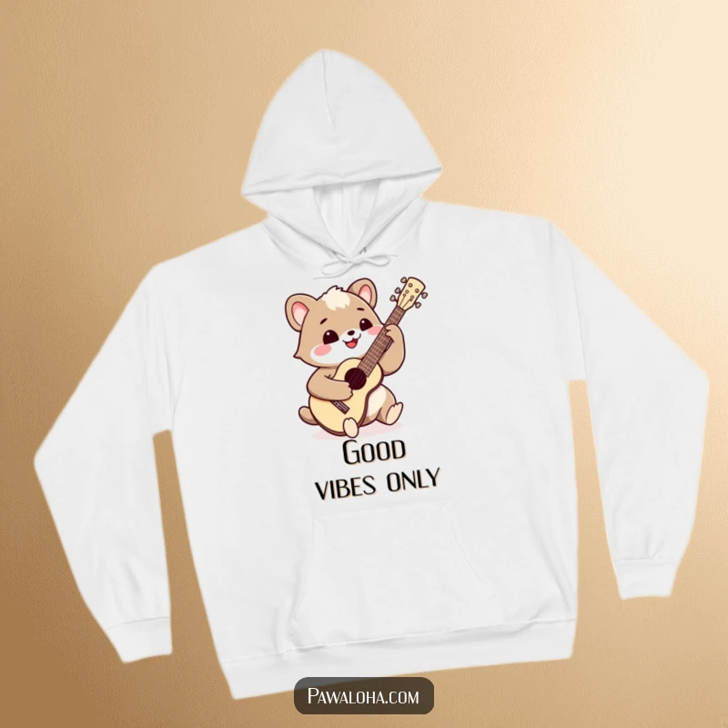 Funny happy animal playing a ukulele with a wide smile on a cozy hoodie. Perfect for music lovers.