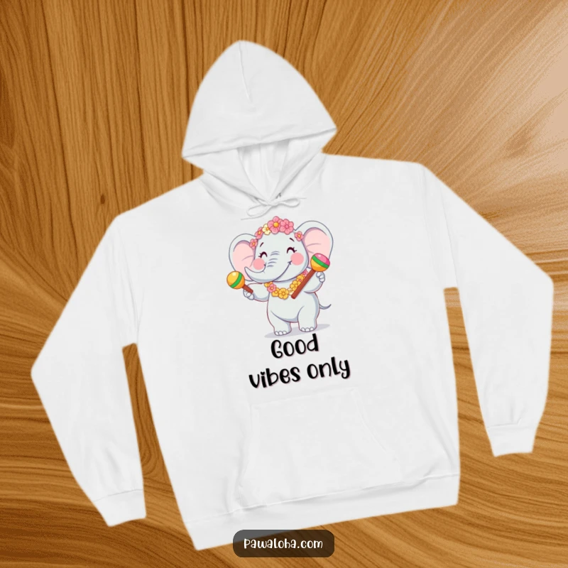 Funny Elephant Fiesta Hoodie featuring a joyful elephant character with a flower garland, shaking maracas. Cozy and celebratory.