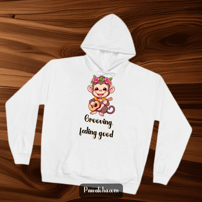 Funny hoodie design of a happy monkey in a lei playing a ukulele, embodying tropical joy.