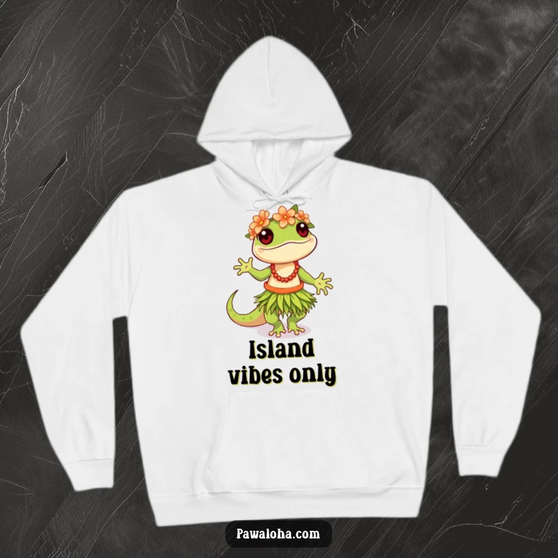 Funny Hula Gecko Hoodie depicting a cheerful gecko in festive hula attire, ready for a tropical party.