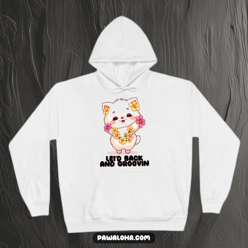 Funny fluffy animal in a flower lei dancing with unbridled joy on a cozy hoodie. Perfect for spreading warmth and cheer.