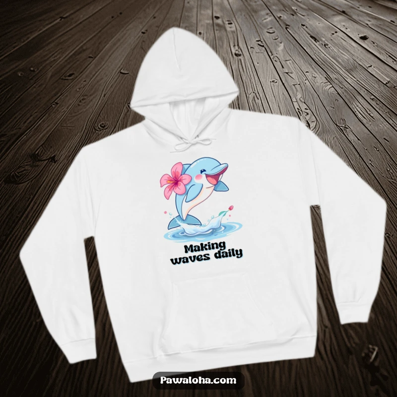 Funny dolphin character hoodie leaping joyfully out of the water with a hibiscus, offering warmth and ocean vibes.
