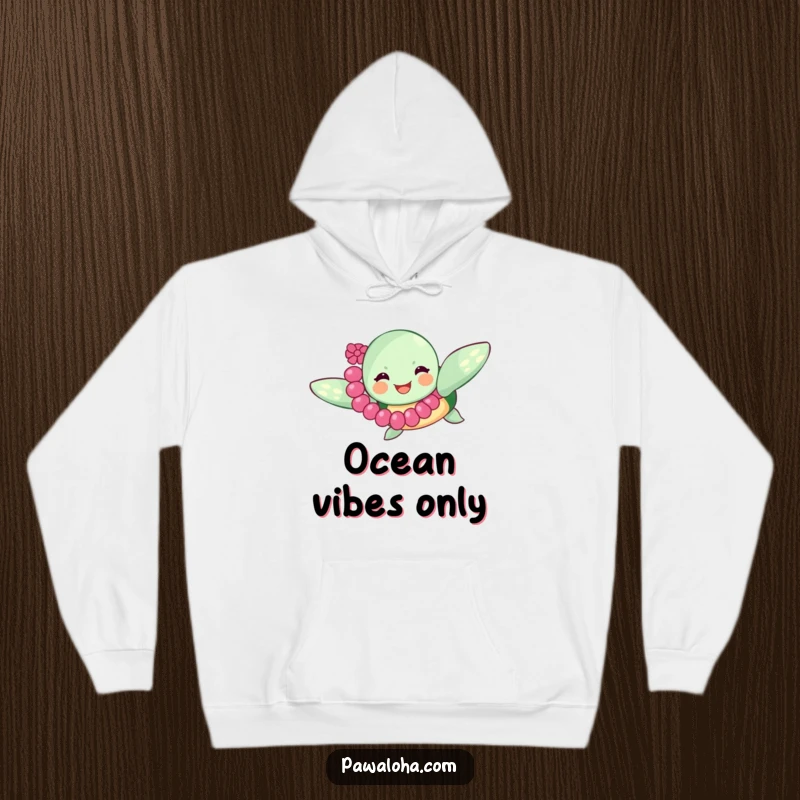 Funny sea turtle in a lei, swimming happily, featured on a warm hoodie, perfect for cozying up with an oceanic, joyful theme.