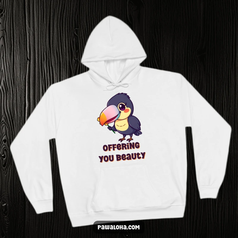 Funny Toucan Hoodie featuring a cheerful toucan with a brightly colored beak, offering a flower petal.