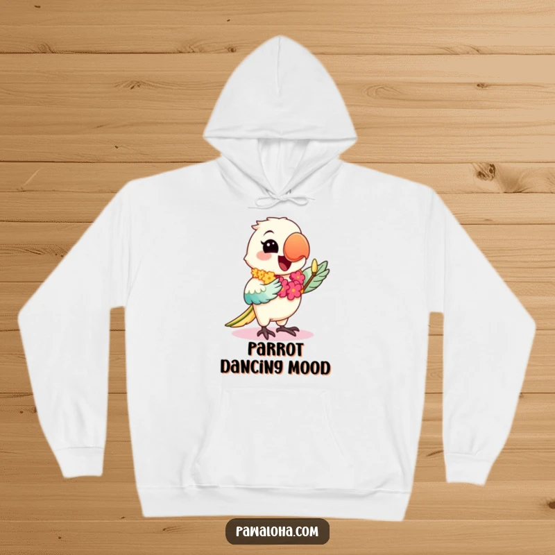 Funny hoodie depicting a happy kawaii parrot wearing a lei and performing a hula dance, offering cozy tropical cheer.