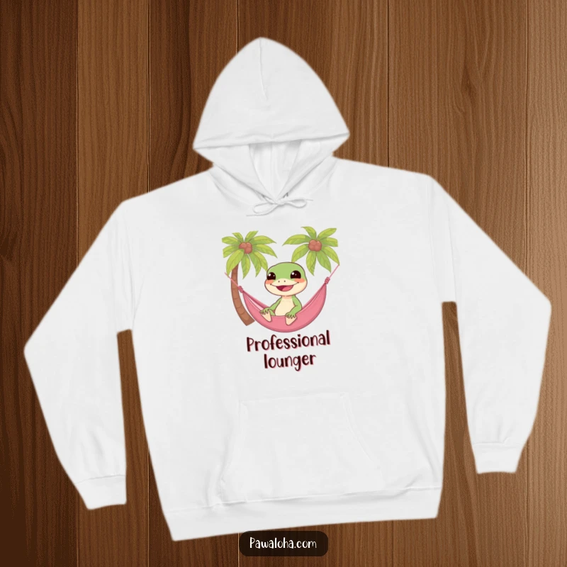 Funny gecko character in a hammock between palm trees, radiating relaxation on this warm and humorous hoodie.