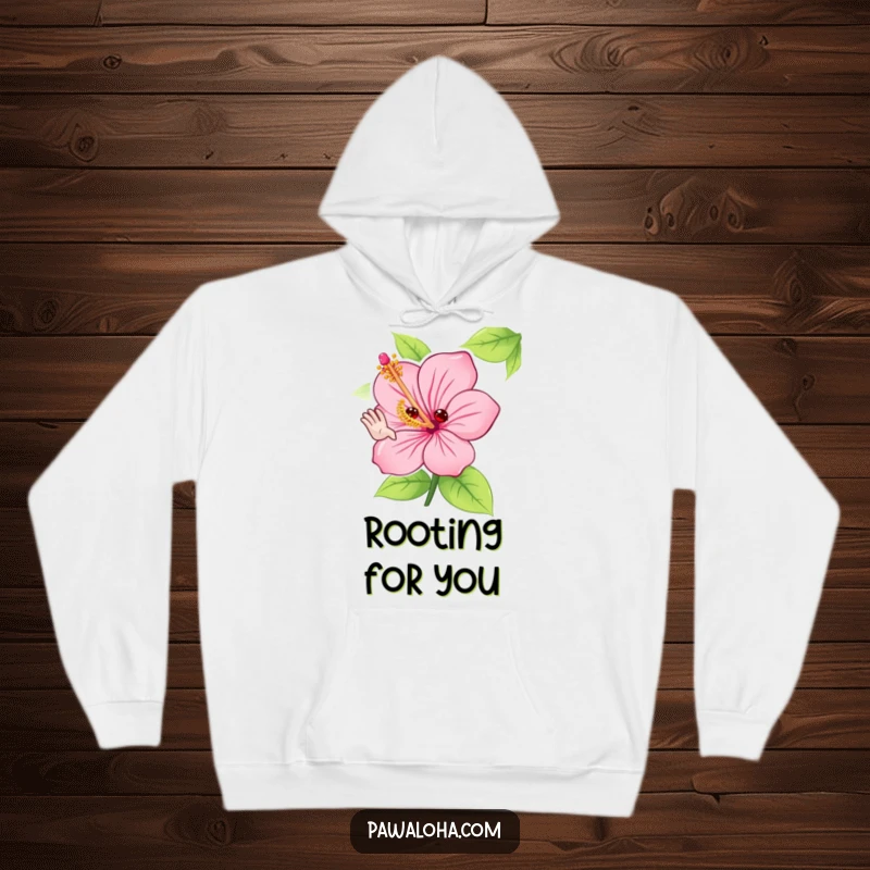 Funny hibiscus flower hoodie featuring a cute character adorably waving hello with its petals, providing cozy warmth and cheerful style.