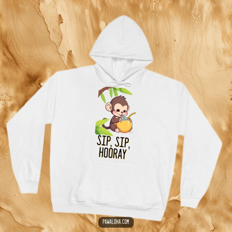 Funny Kawaii Monkey Hoodie: Adorable monkey sipping from a coconut with a straw, a funny and cozy tropical hoodie.
