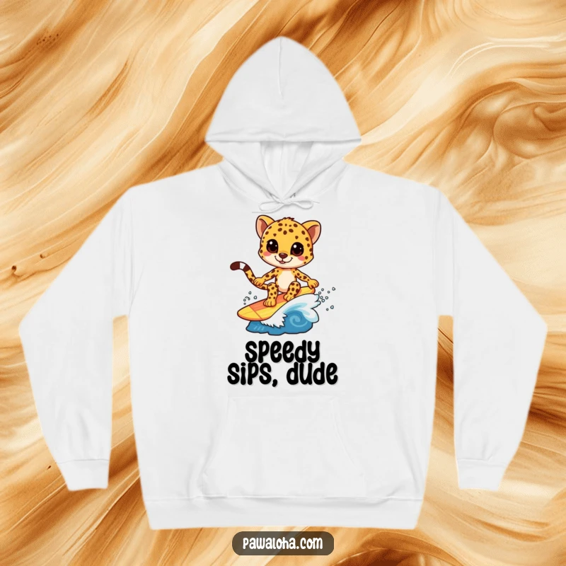 Funny hoodie with a cheetah character catching a colorful wave, designed for comfort and a touch of surf style.
